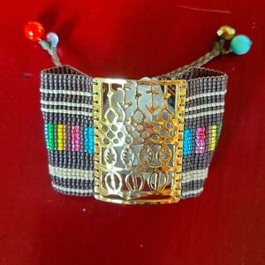 Anthropologie Beaded Multiclor Gold Tone Adjustable Boho Cuff Bracelet